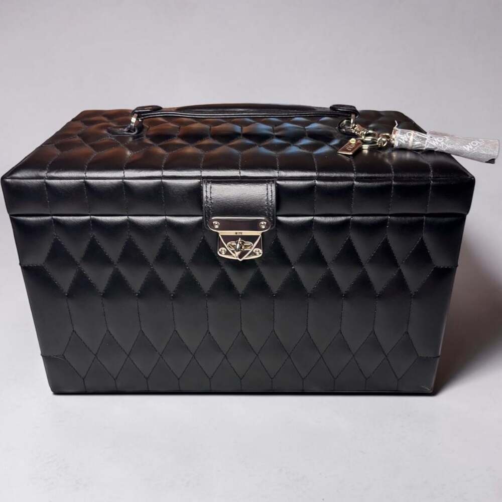 NWT WOLF Caroline Large Quilted Leather Jewelry Box in Black